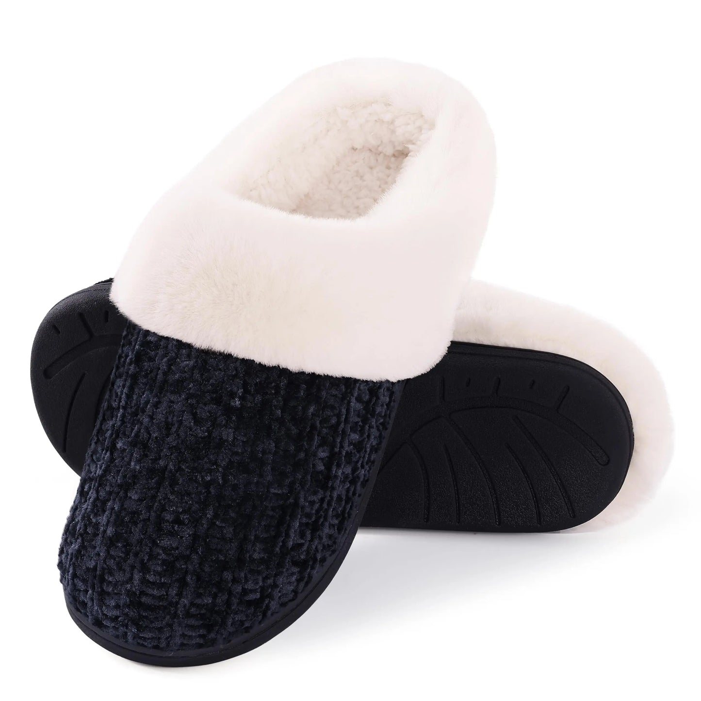Women's Fleece Lined Warm House Cotton Slippers With Memory Foam and Non-Slip Cosy Fluffy Sole Plush Knit Slides Suitable For Bedroom Use