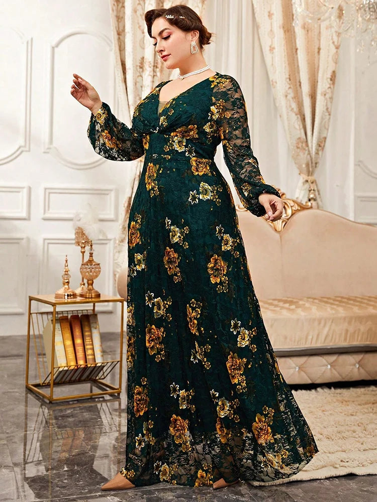 Spring Summer Lace Mesh Floral Print Lantern Sleeve Women Clothing 2024 New Plus Size Luxury Elegant Party Evening Dress