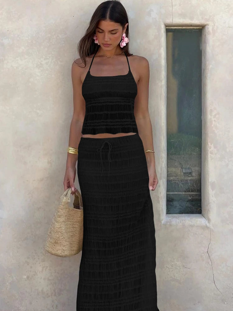 Sexy See-Through 2 Piece Set Women Lace-Up Halter Backless Crop Tops + Ruched Elegant Skirts Vacation Beach Party Suits