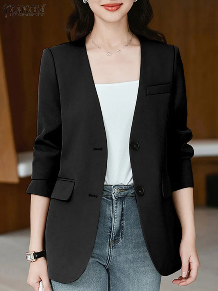 Elegant Solid Suit Jackets Long Sleeve Button Up Autumn 2024 V Neck Outwear Tops Office Lady Women Commute Fashion Blazer
