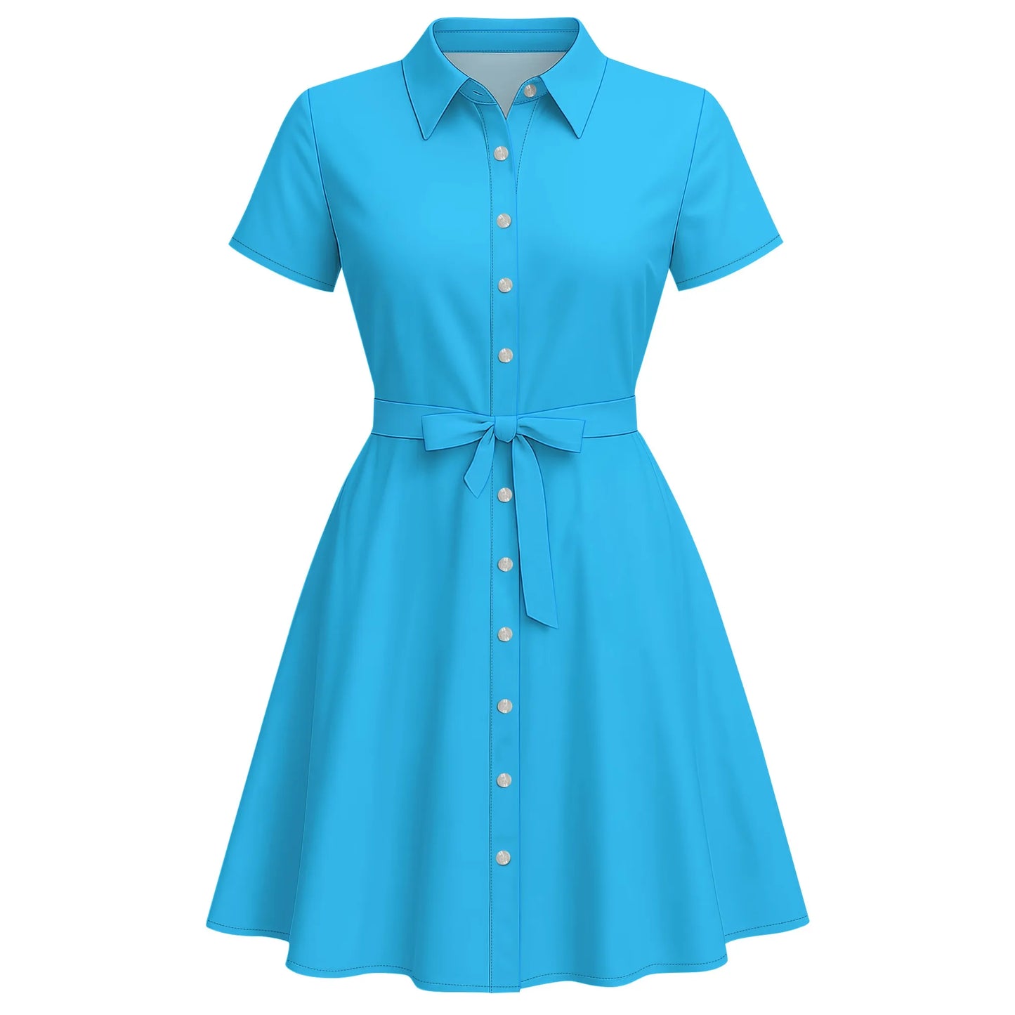 Women's Fashion Button Up Split Dresses Short Sleeve Casual Solid Color Midi Dress A-Line Swing Dresses with Belt