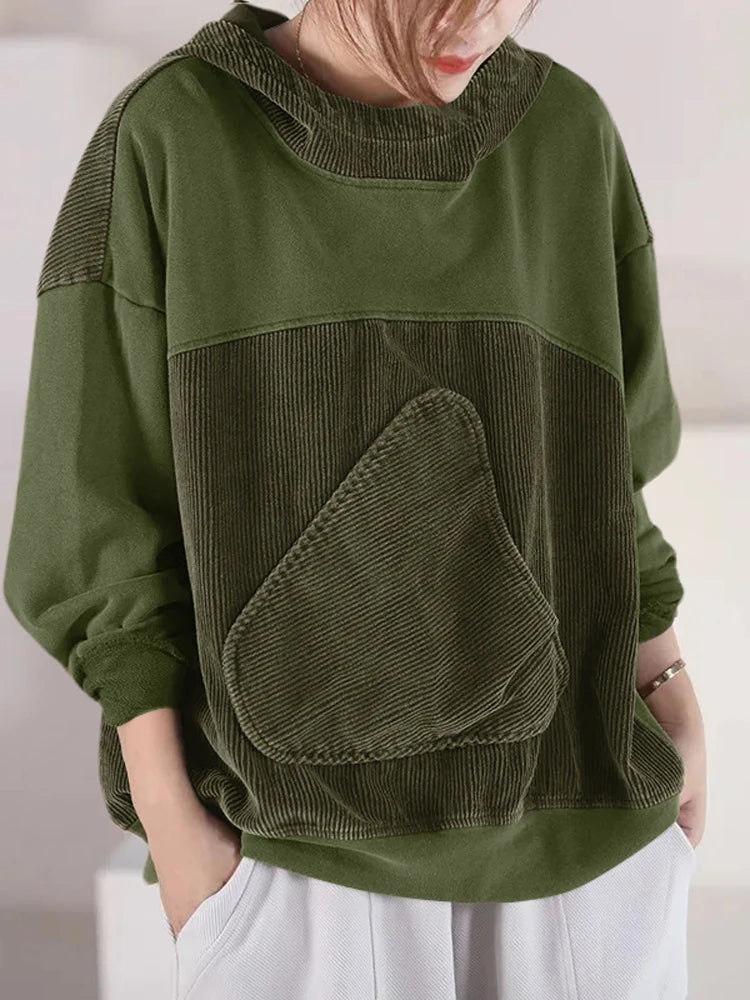 Women Patchwork Corduroy Hoodies Loose Casual Irregular Pocket Hooded Sweatshirts 2024 Fall Colour Block Long Sleeve Tops