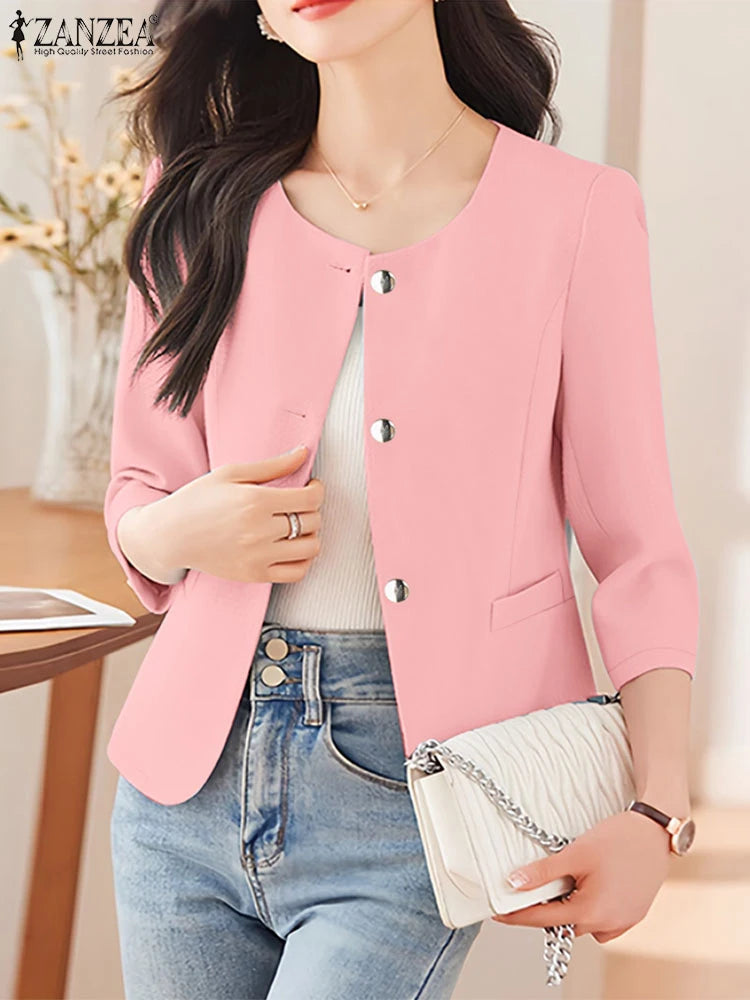 Elegant Women Over Shirts 2025 Autumn Fashion Round Neck 3/4 Sleeve Button Up Chemises Femme Office Wear Solid Outerwear