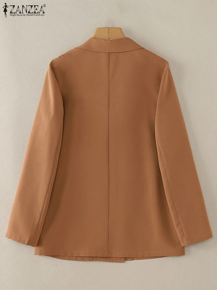 Casual Women Blazer Solid Office Lady Commute 2025 Spring Thin Jackets Lapel Neck Double-Breasted Long Sleeve Blazer