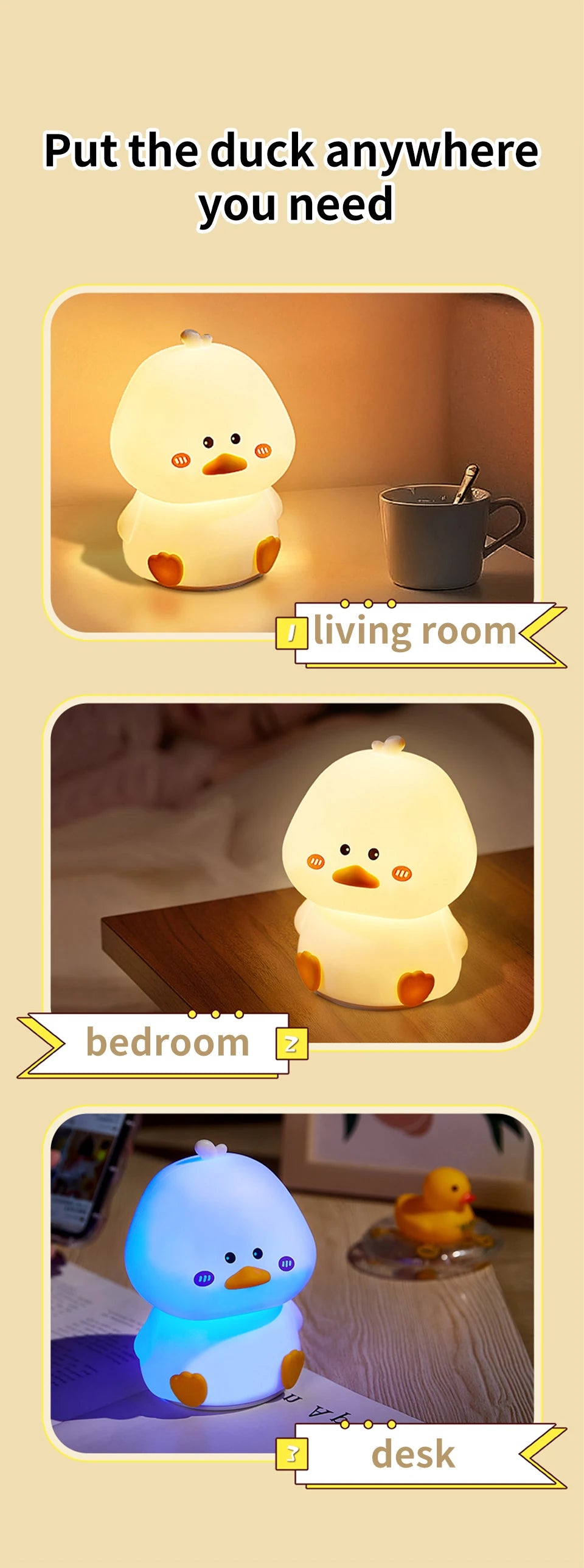 Rechargeable LED Night Light Cartoon Cute Duck Patting Silicone Lamp Bedroom Decor Sleeping Mood Light Children Gift Nightlight