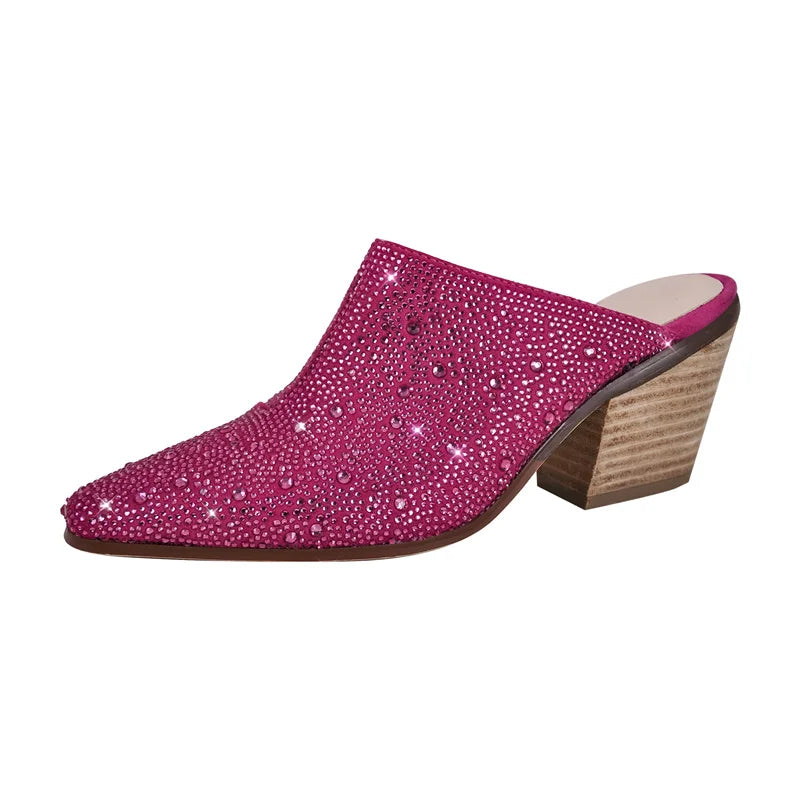 Women Pointed Toe Rhinestone Mules Glitter Bling Shiny Pretty Sparkly Gorgeous Chunky Heel Slip On Summer Slipper
