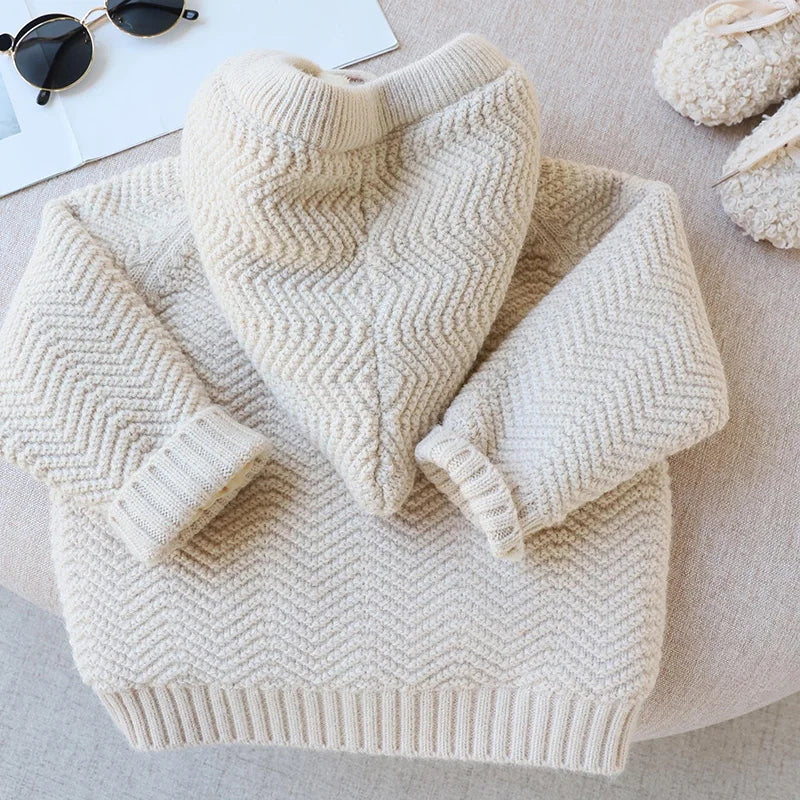 Winter Kids Sweaters Fur Lining Girls Cardigans Warm Boys Knitwear Children Outfit 1-7Y Unisex