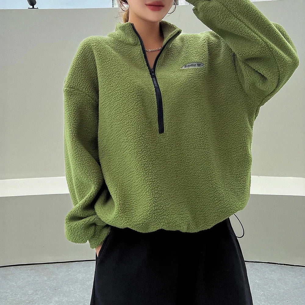 Autumn Winter Hoodies 2025 Women's Comfy Solid Colour Long Sleeve Zipper Half Open Collar Loose Fit Casual Hoodies