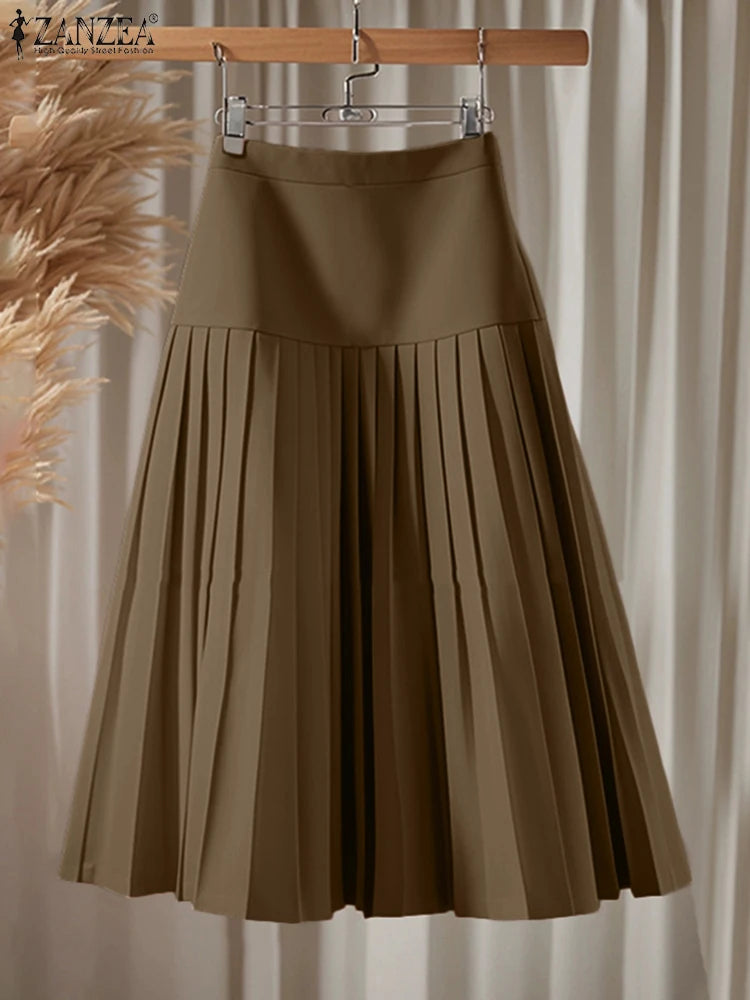 Elegant A-Line Pleated Skirts Women Fashion High Waist Patchwork Midi Faldas Mujer Office Commuting Solid Jupes Femme