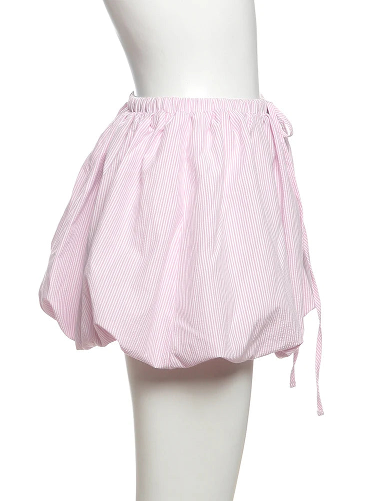 Sweet Fit Striped Print 2Piece Set Women Patchwork Button Hollow Backless Button Tops + Lace-Up Puffy Skirt Matching Suit