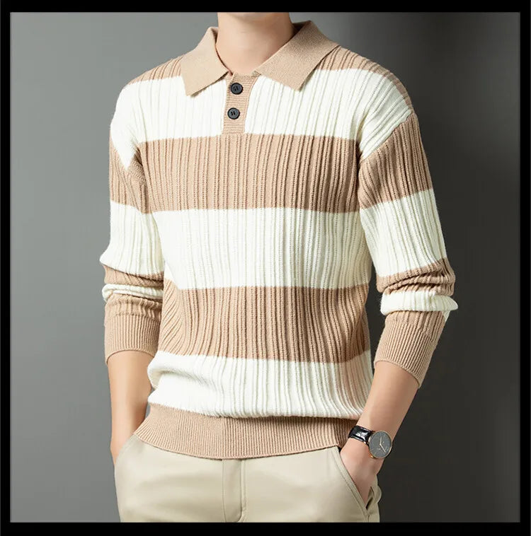 Men's Polo Shirt Luxury Pullover Sweater Fashion Thick Warm Sweater Striped Casual T-shirt, Male Top Loose Knitwear