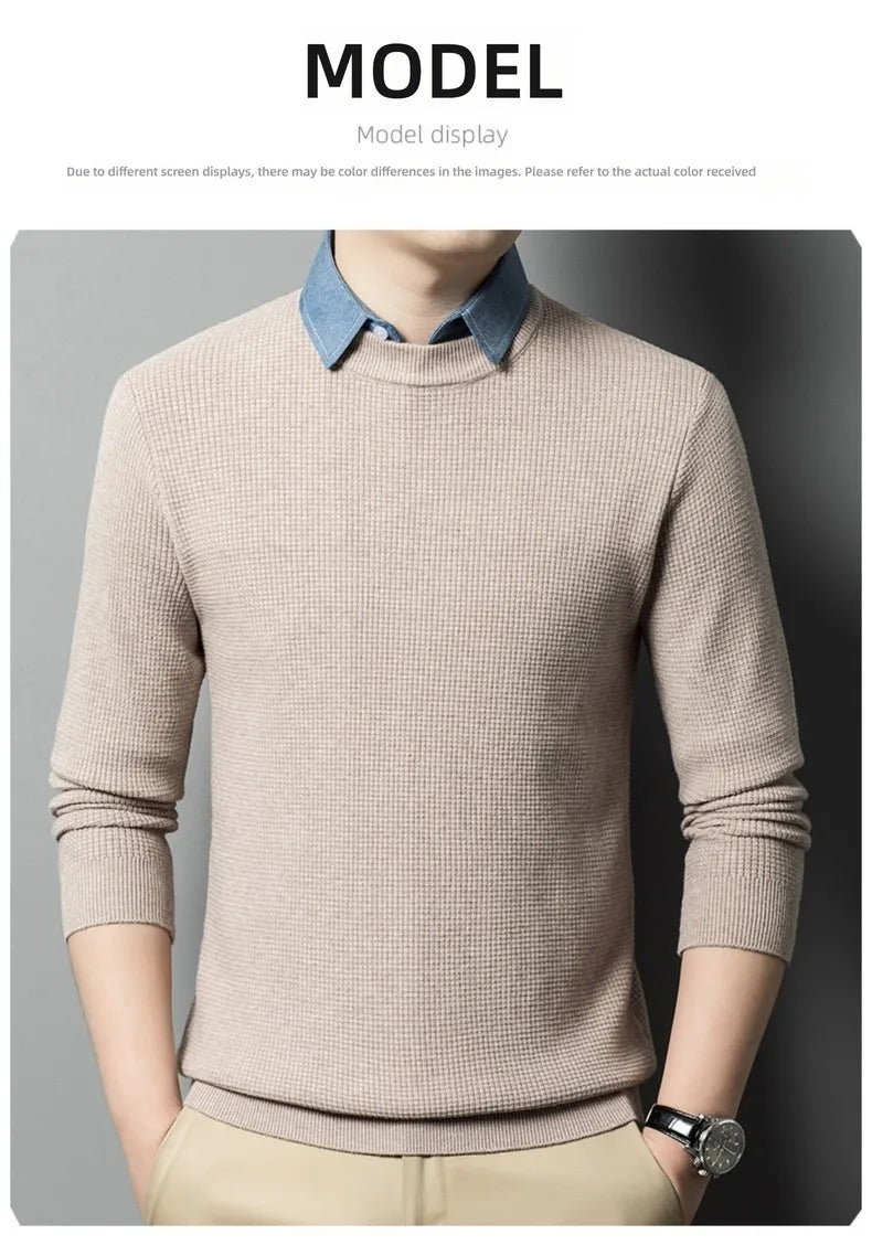 Men's Top Grade Fake Two Collared Fashion, Designer Knitted Pullover Sweater, Casual Brand Slim Fit Male Jumpers