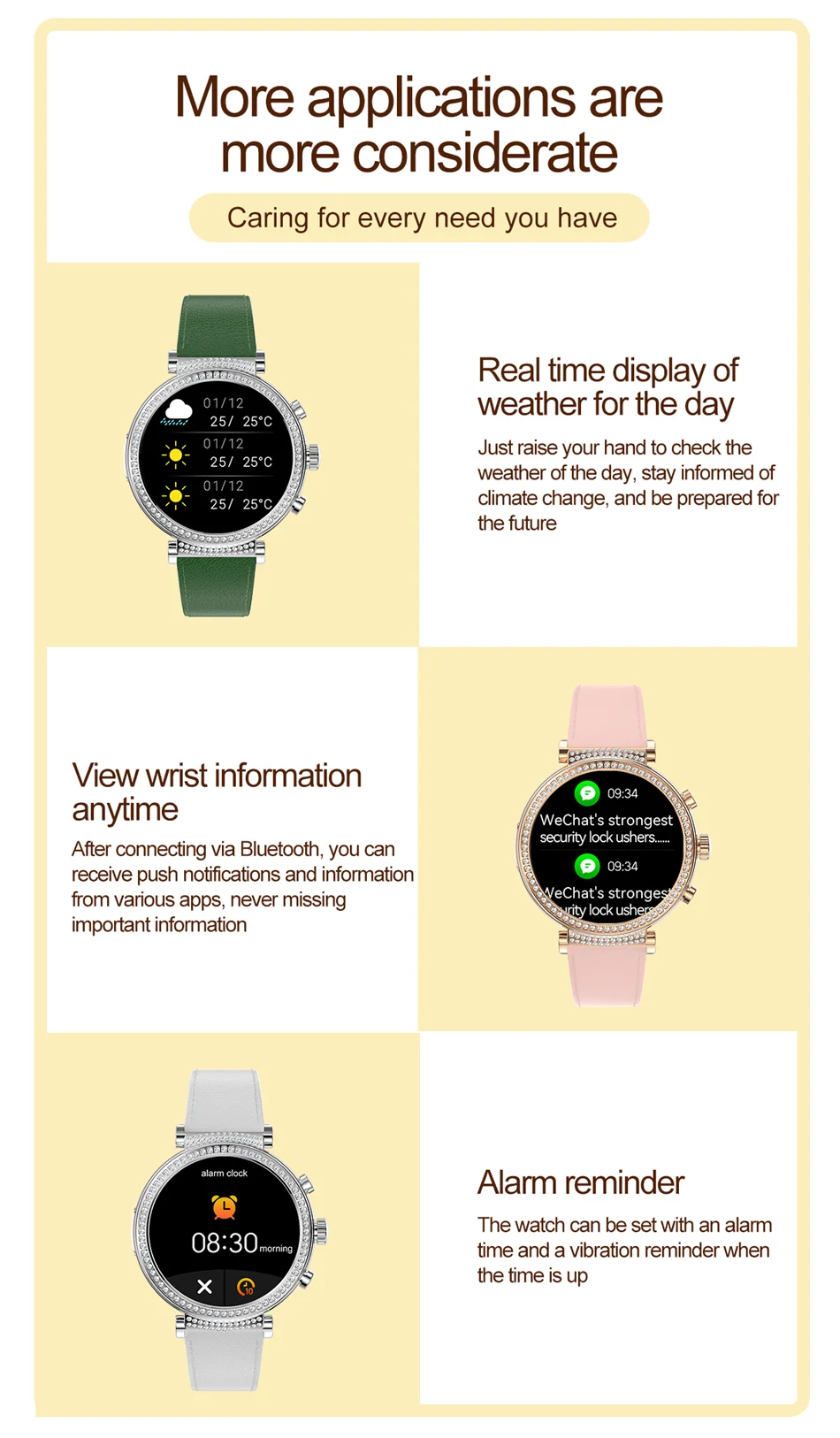 Women Diamond Smart Watch ECG Women Health tracking Watch Full Touch Screen BT Call Custom dial Smartwatch Compatible with Huawei & Xiaomi IOS