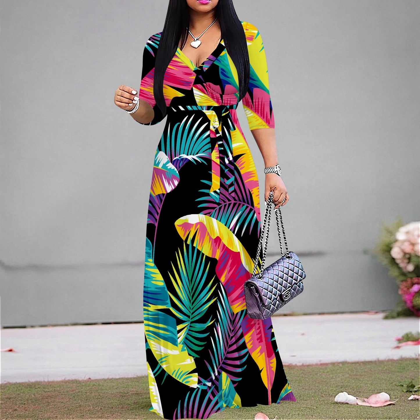 Vacation V-Neck Wrap Dress - Adjustable Tie Waist Floral Midi Dress, Tropical Resort Wear for Women