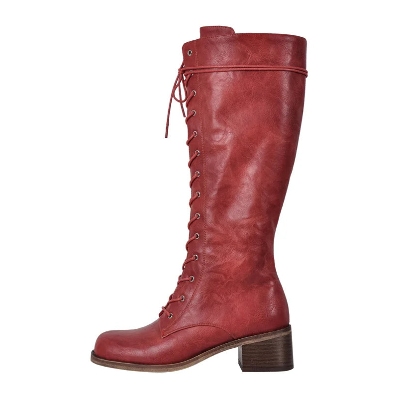 Women Knee High Boots Round Toe Black Matte Gothic Heeled Concise Side Zipper Winter Lace UP Motorcycle Boots