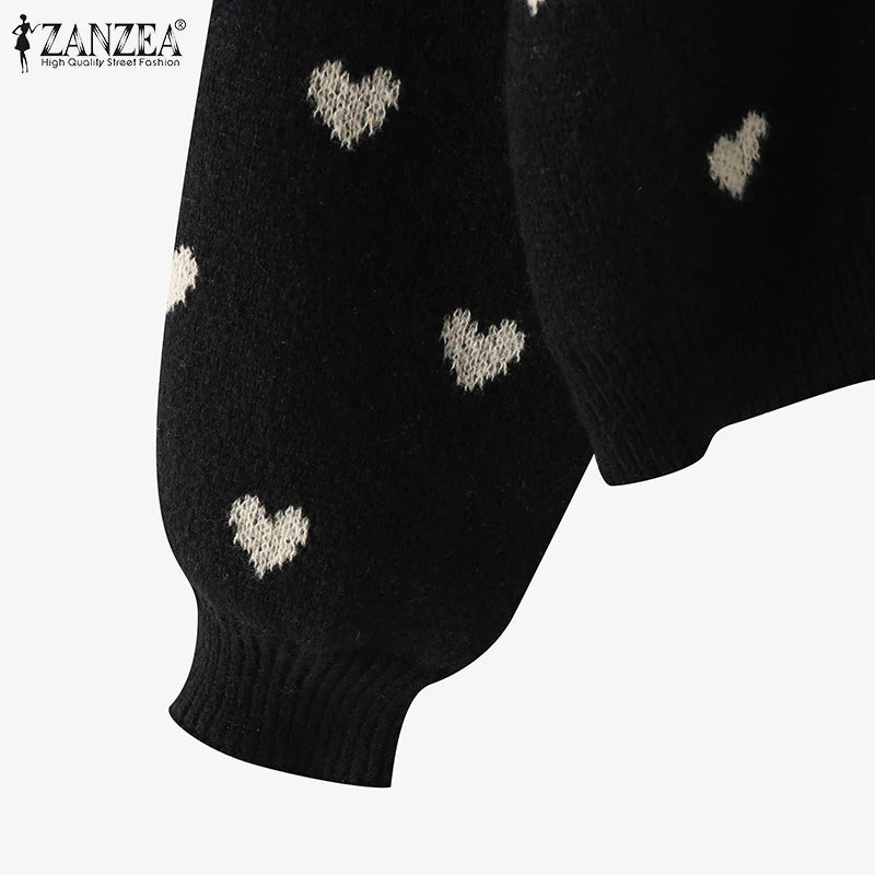 Women Loose Knitted Sweaters 2025 Spring Autumn Lantern Sleeve O Neck Heart Pattern Pullovers Streetwear Stylish Tops