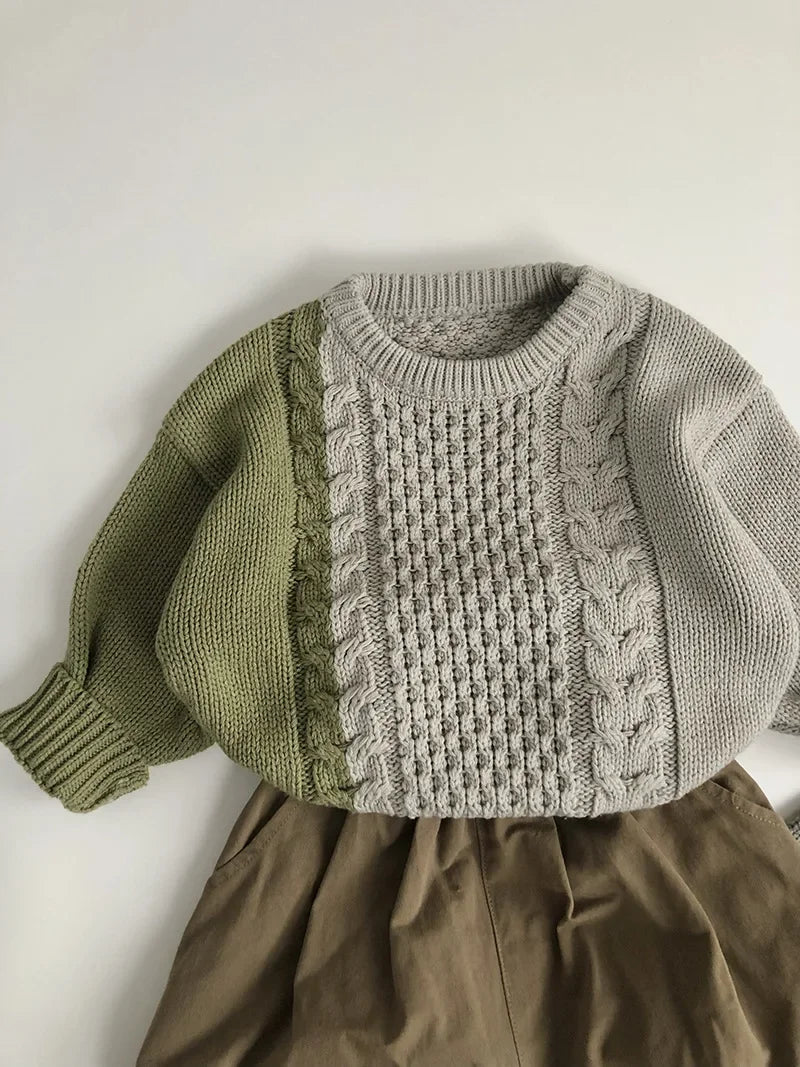 New Autumn Kid's Sweater Boys Trendy Patchwork Sweater Girls Knitted Pullover Children's Loose Knitwear 1-6Y Unisex