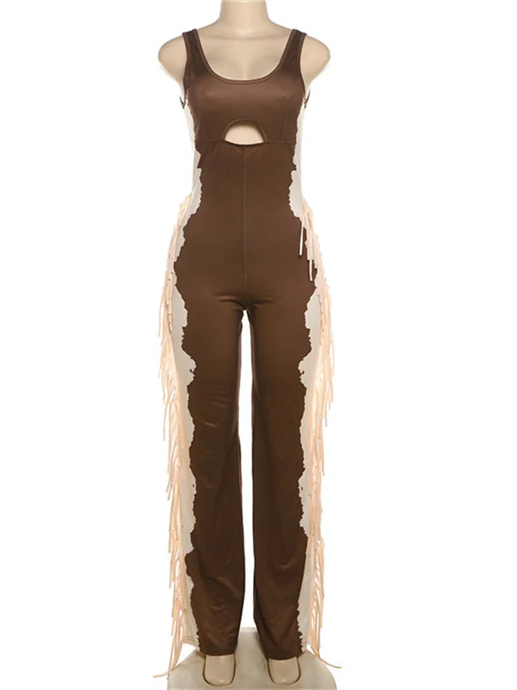 Chic Contrast Patchwork Jumpsuit Women Sexy Hollow Sleeveless Tassel New Trend Fashion Stretch Workout Long Overalls