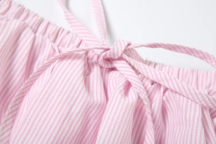 Sweet Fit Striped Print 2Piece Set Women Patchwork Button Hollow Backless Button Tops + Lace-Up Puffy Skirt Matching Suit