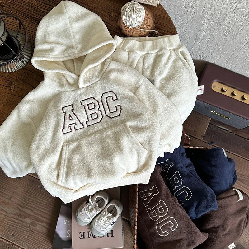 Winter Kids Clothing 2PCS Set Fur Lining Boys Girls Hoodie Set Hooded Sweat Shirt And Pants Track Suit 12M-7T Unisex