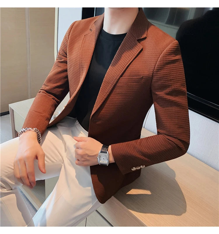 Men’s Waffle Plaid Blazer Coat, Hounds-Tooth Pattern, Wool-Blend Overcoat for Autumn & Winter - Lightweight, Stretchable