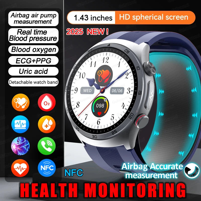 Airbagtype Bloeddruk Smartwatches Bloedzuurstof Sportoproep Gezondheidsmonitoring Saffierglas AMOLED Luchtpomp Smartwatch met NFC