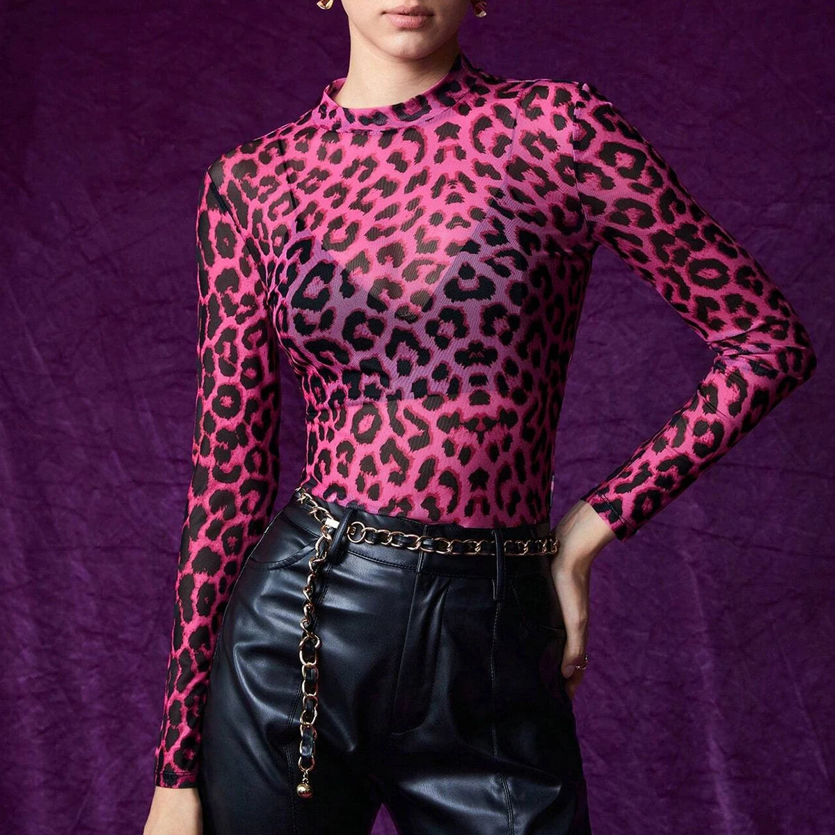 Women's T-Shirts Autumn Daily Basic Leopard Mesh Long Sleeve Crew Neck Fashion High Street T-Shirts