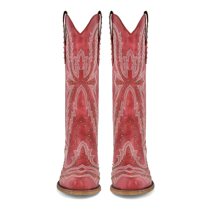 Women Pointed Toe Mid Calf Pull-on Knee High Cowgirl Boots Comfy Chunky Heel Western Boots