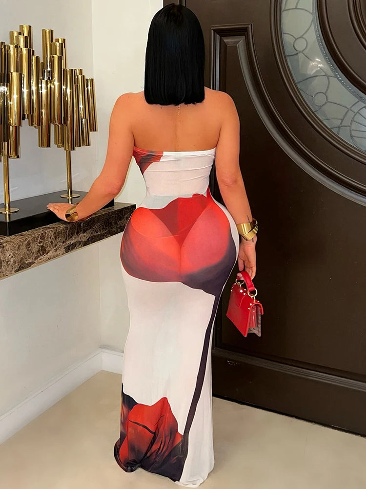 Seashell Metal Chain Hollow Halter Dress Women Flower Print Sexy See Through Backless Skinny Peach Hip Long Bodycon