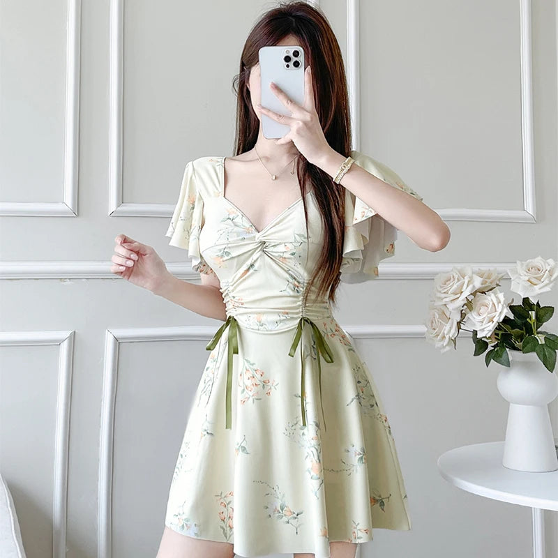 Elegant Pleated Ruffle Sleeve Swimsuit Women Fashion Printed Beach Bathing Suit Conservative Belly Covering Slimming Swimwear