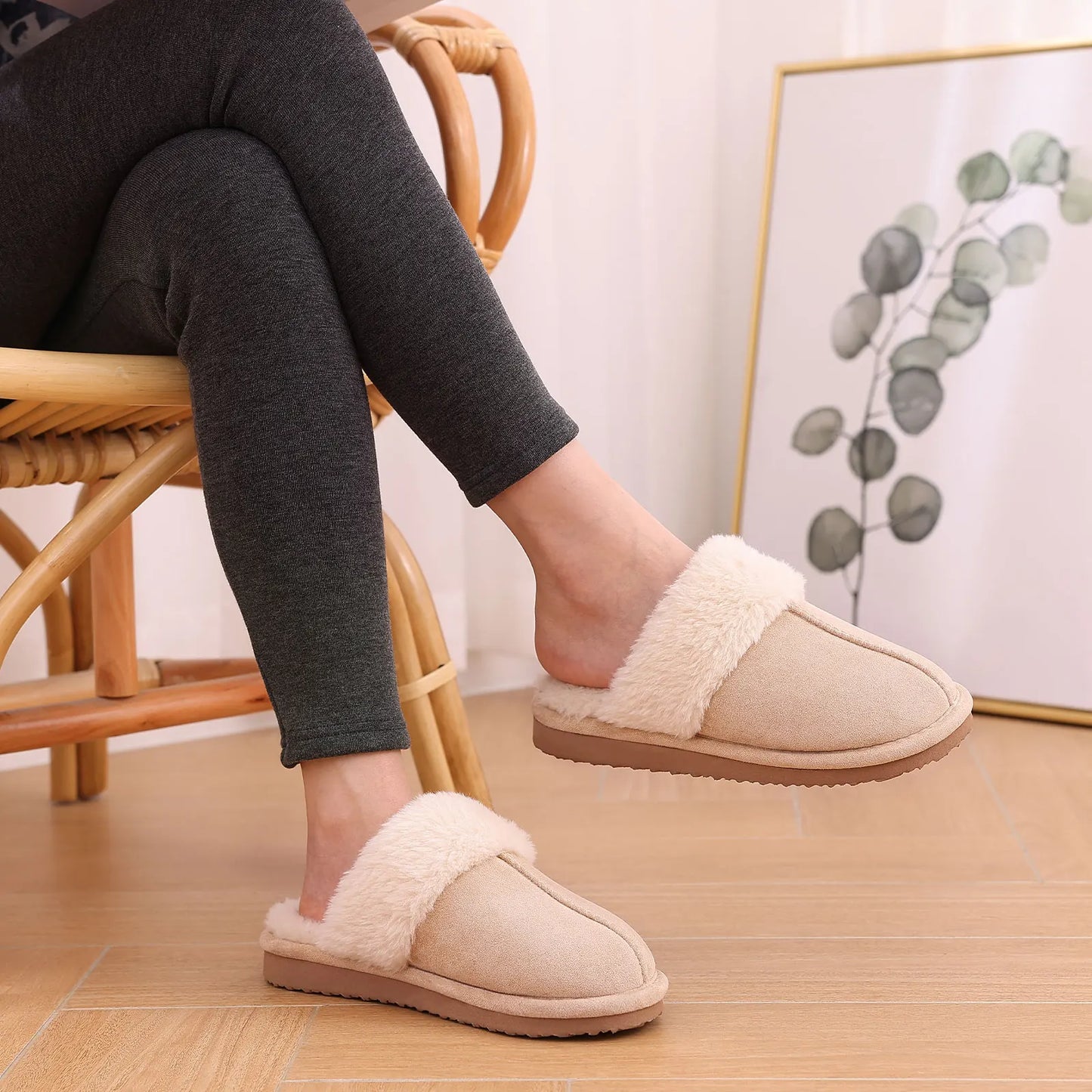 Unisex Winter Fur Slippers Home Suede Mules Short Plush Slippers For Indoor Warm Cosy Fuzzy Flats Slides For Men & Women