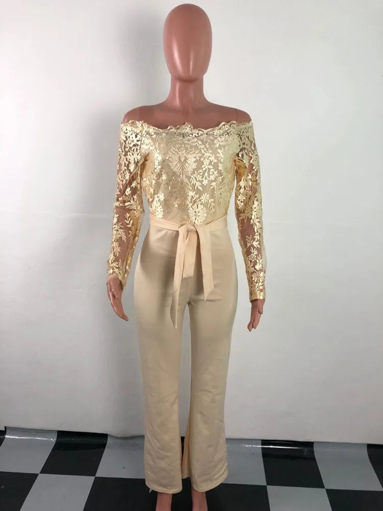 Off Shoulder Mesh Embroidery Long Sleeve Flare Jumpsuit With Belt