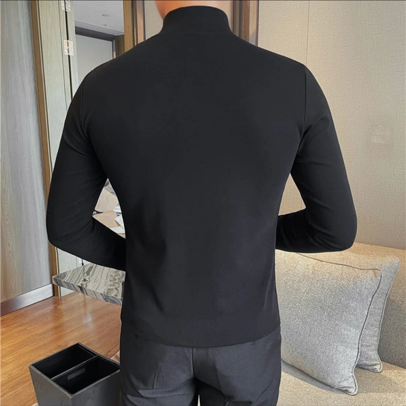 Men's High Quality Long Sleeve T-shirt For Autumn & Winter, Half-High Collar, Solid Colour Top. Collar Button Polo, Suitable As Business Casual