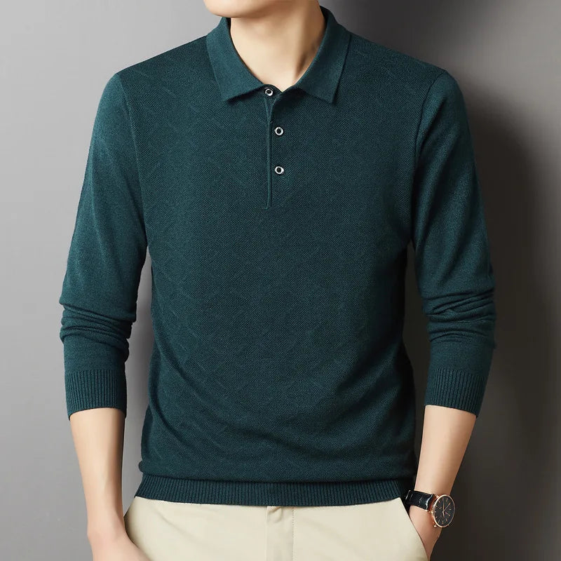 Men's High Quality Woollen Polo Shirt, Blend Fashionable Embroidered Long Sleeve Tee, Korean Style Casual Menswear