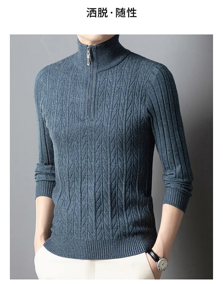 Men's High-Quality Semi-High-Neck, Business Casual Warm Sweater, Stretchy Striped Male Pullover Sizes M-4XL