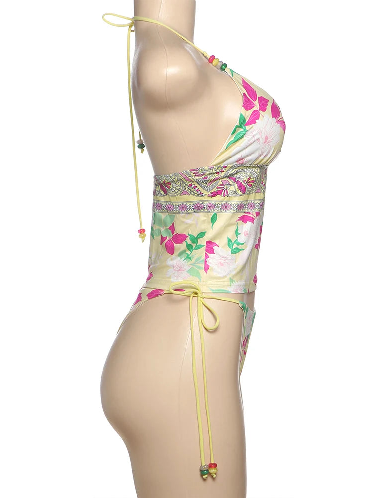 Lotus Print 2 Piece Set Women Halter Low-Neck Backless Tank Tops + Shirring Thong Vacation Fashion Beach Style Swimsuit