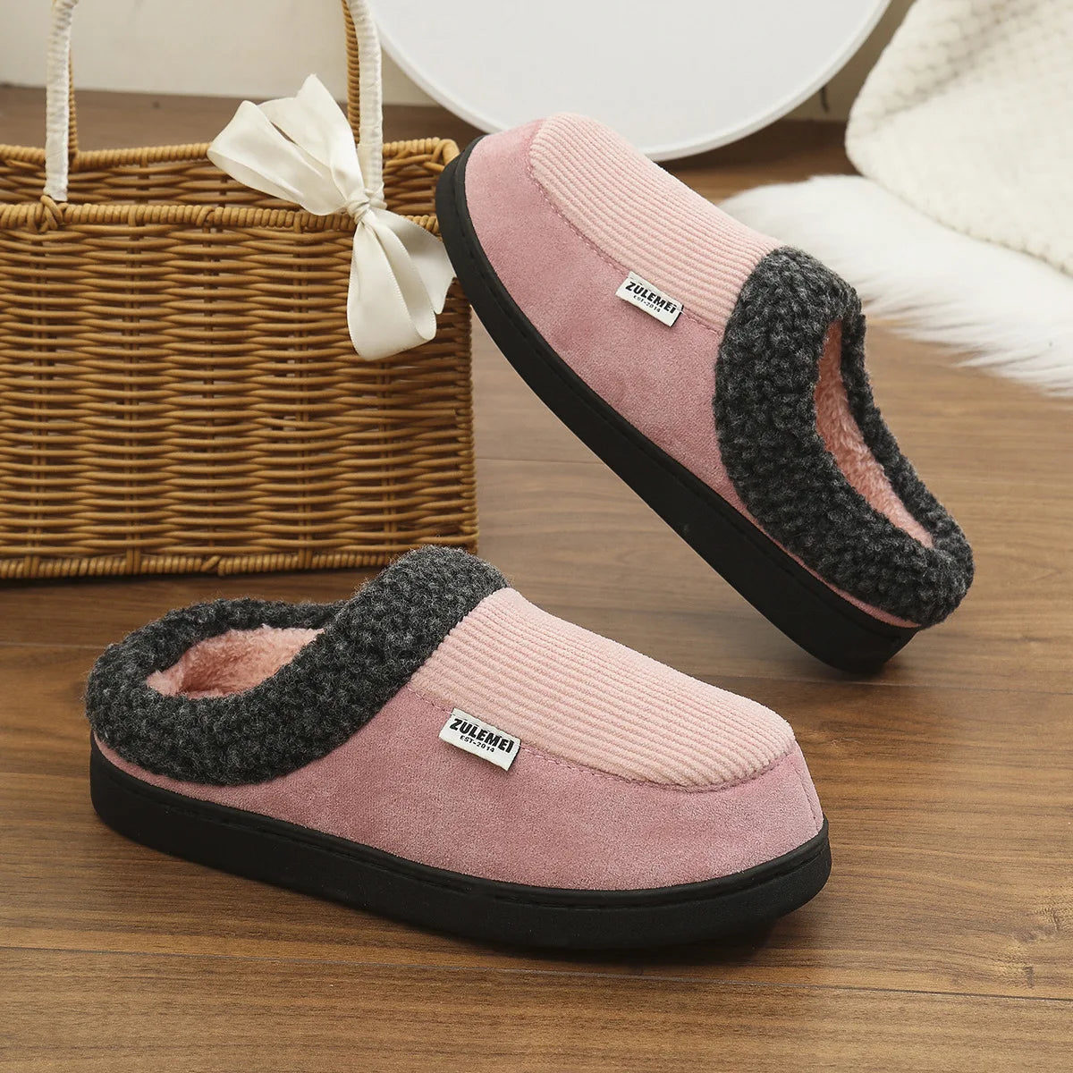 Men's Fuzzy Cotton Warm Shoes Winter Indoor Non-Slip Fluffy House Slides Fur Plush Male Cotton Slippers