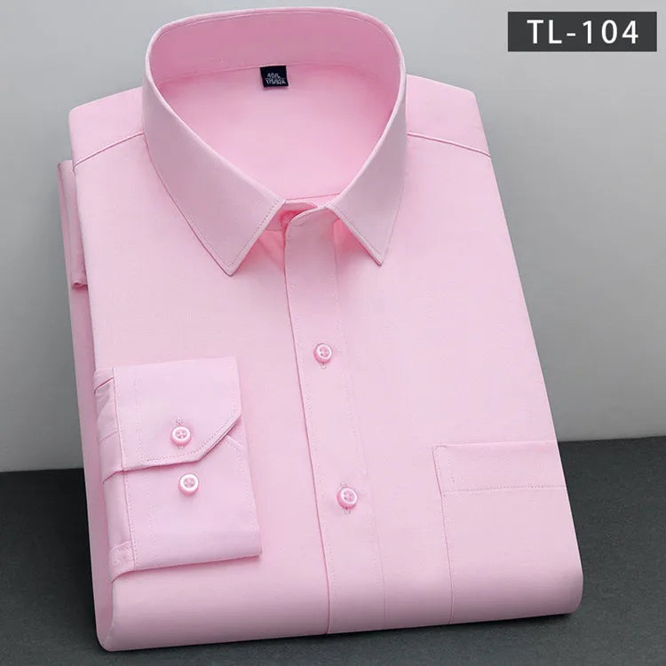 Men's Classic Solid Non-Iron Business Casual Shirt Anti-Wrinkle Soft Wear Long Sleeve Square Collar Tat Fabric Single Breasted