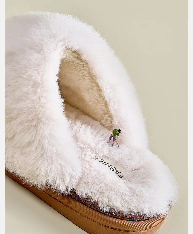 Women's Warm Fuzzy Slippers Winter Fur Collar Indoor Plush Flat Slides Fluffy Ladies' Cotton Shoes Furry House Slippers