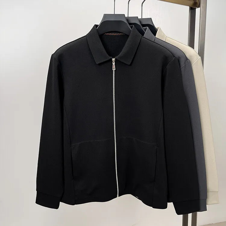 Men's Solid Colour Business Casual Autumn and Winter Jacket, Suitable For Daily Commuting, Stretchy Knitted Zip-Up Male Cardigan