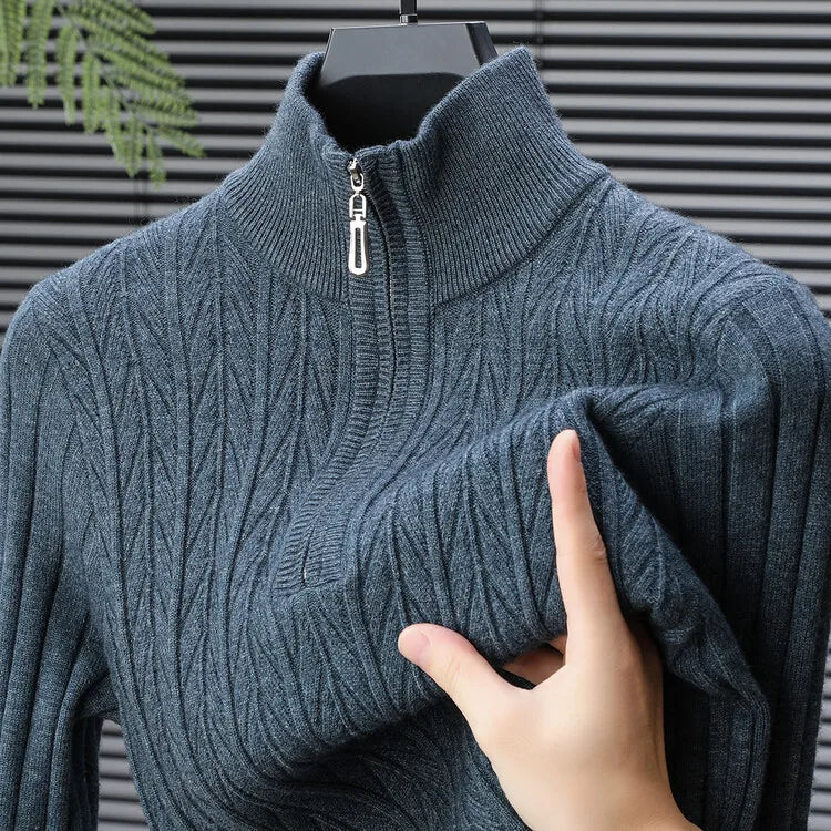 Men's High-Quality Semi-High-Neck, Business Casual Warm Sweater, Stretchy Striped Male Pullover Sizes M-4XL
