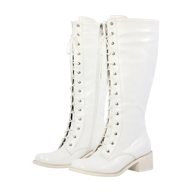 Women Knee High Boots Round Toe Black Matte Gothic Heeled Concise Side Zipper Winter Lace UP Motorcycle Boots