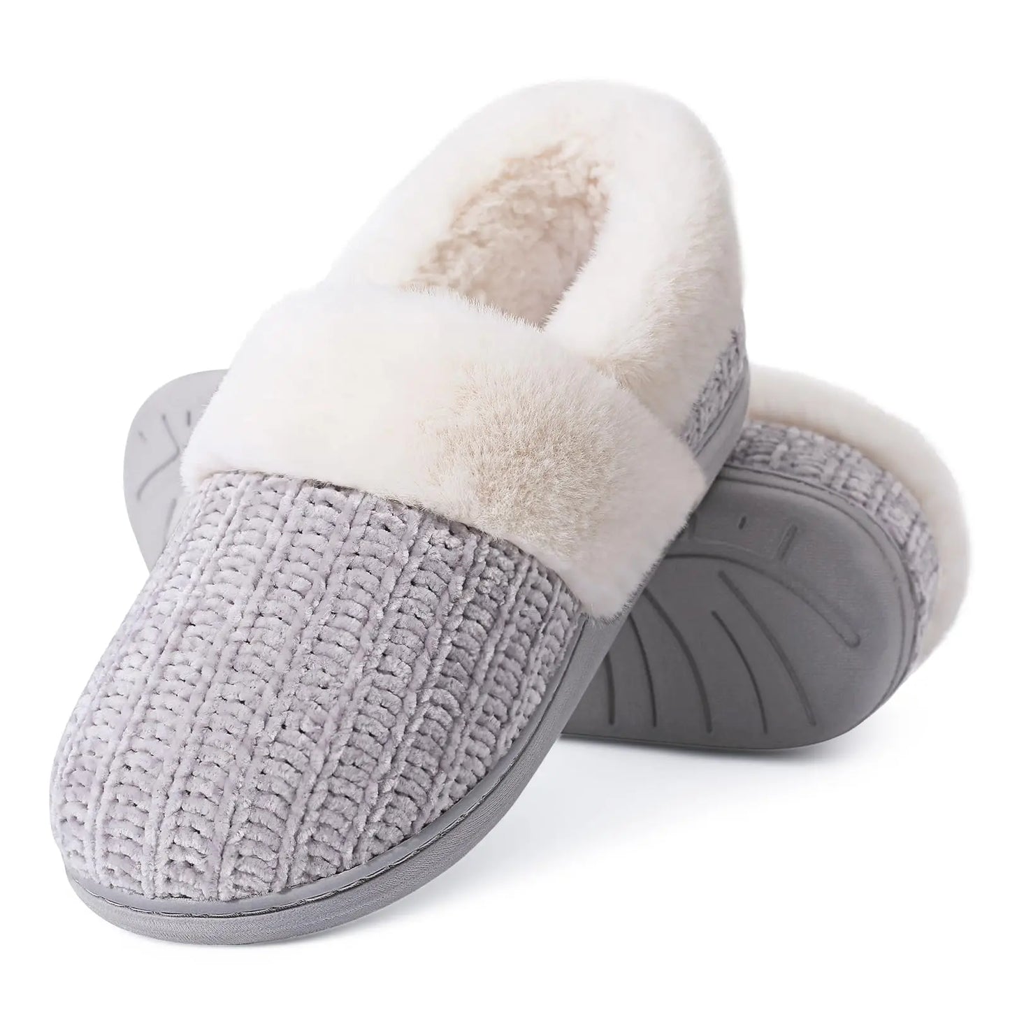 Women's Fleece Lined Warm House Cotton Slippers With Memory Foam and Non-Slip Cosy Fluffy Sole Plush Knit Slides Suitable For Bedroom Use