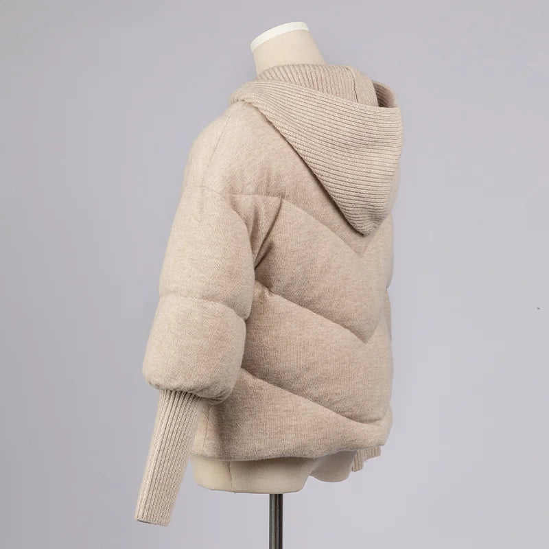 Women's Luxury Hooded Threaded Sleeve Down Coat, Warm Jacket For Ladies