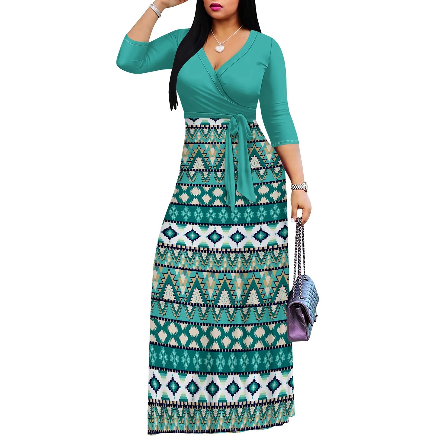 Women's Floral Print Maxi Dresses Summer with Pockets Casual 3 4 Sleeve V-Neck Wrap Tie Waist Long Dress