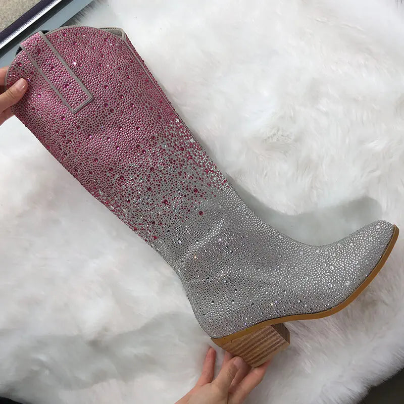 Women Pointed Toe Rhinestone Knee High Western Cowgirl Boots Glitter Bling Shiny Block Heel Lady Boots