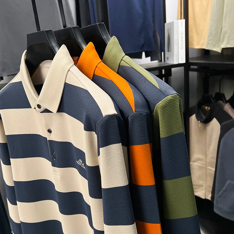 Men's Autumn Long Sleeve Polo Shirt Colourful Striped, Stretchy Double-sided Pique Knit Fabric