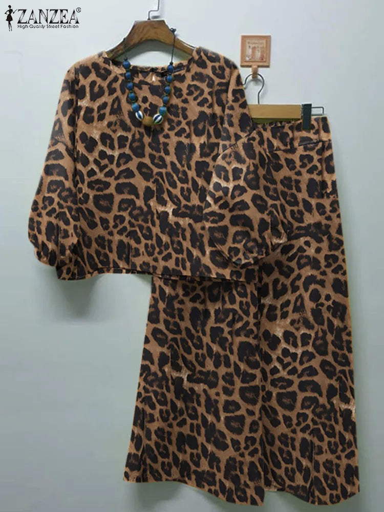 Spring Casual Leopard Printed Suit 3/4 Sleeve O-Neck Blouse Loose Trousers 2PCS Woman Fashion Party Matching Sets