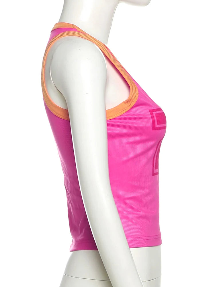 Number Print Vests Summer Trend o-Neck Patchwork Skinny Stretch Street Daily Hottie Sporty Simple Classic Women Tops