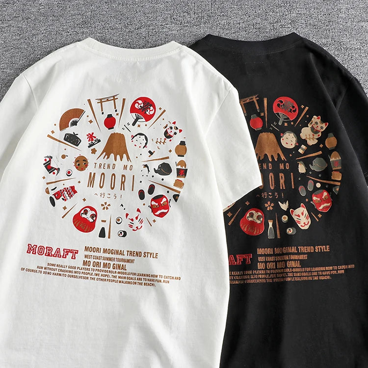 Summer New American Retro Short Sleeve O-neck Face Makeup Printed T-shirt Men's Fashion 100% Cotton Washed Youth Casual Tops